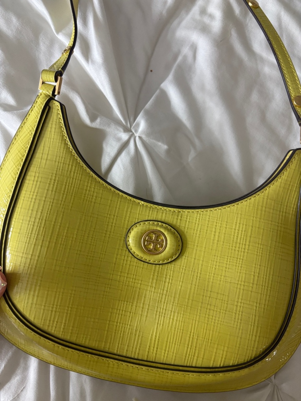 Tory Burch Lime Yellow Leather Shoulder Bag with Logo Medallion